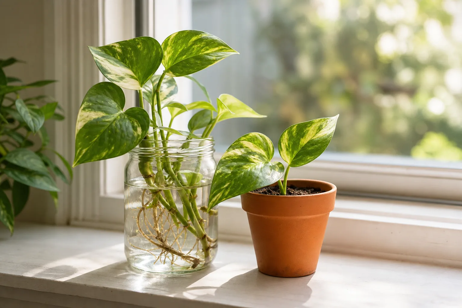 Pothos stem cuttings in a glass jar of water next to a potted soil cutting showing water vs soil propagation side by side on a bright windowsill