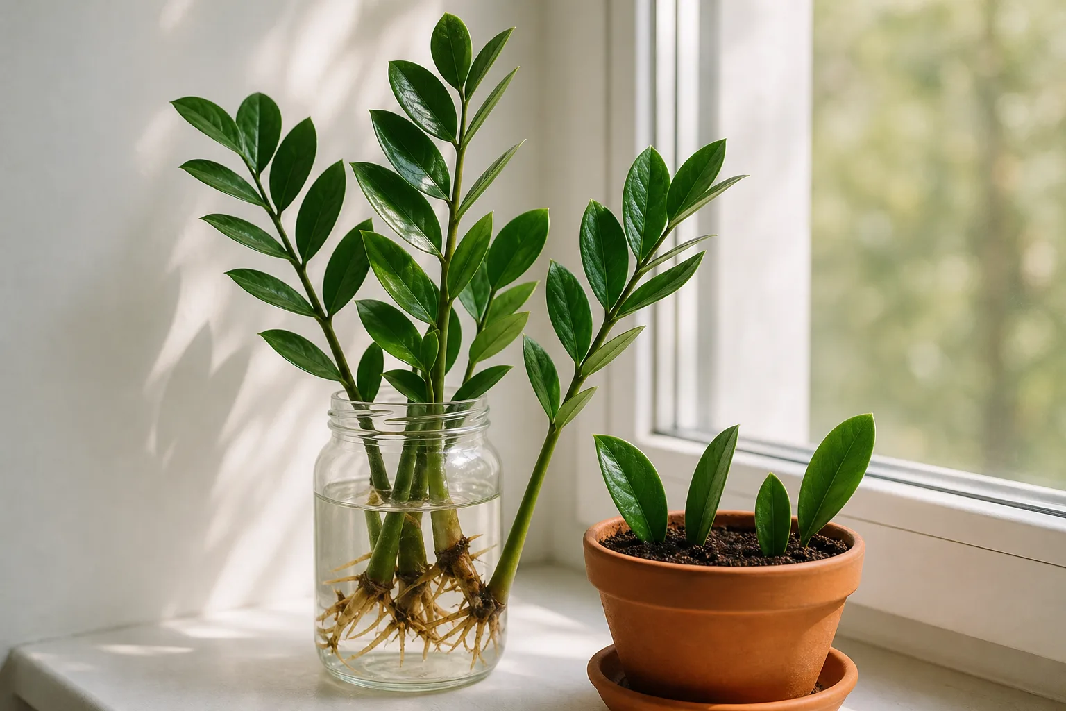 ZZ plant stem cuttings rooting in a clear glass jar on a bright windowsill next to leaf cuttings in a small terracotta pot