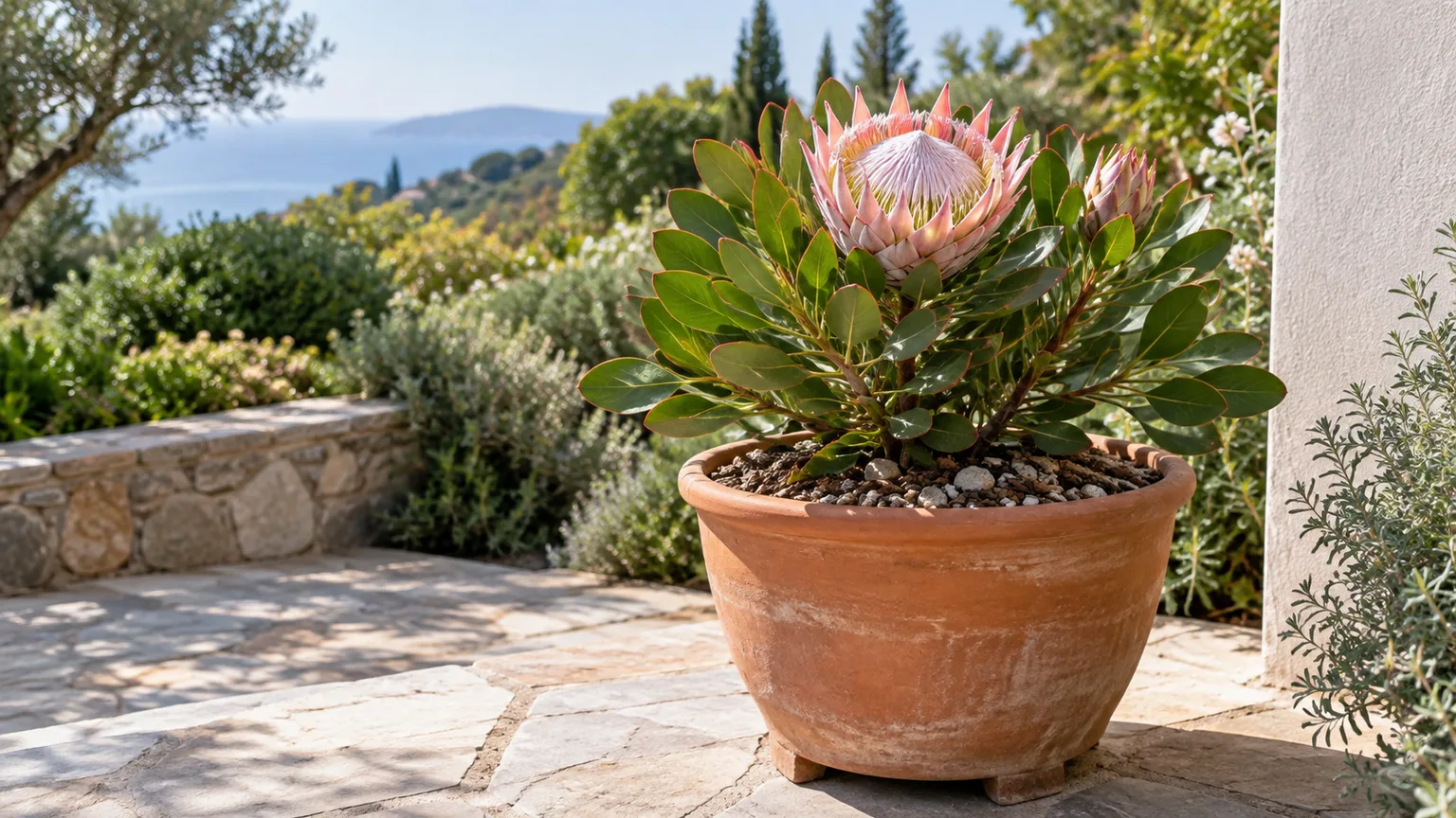 A compact King Protea growing in a coarse, freely draining mix in a sunny patio container