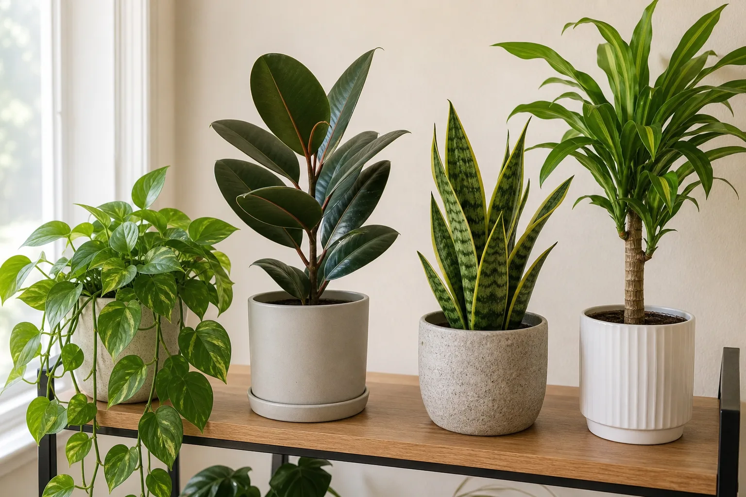 Pothos, rubber plant, and snake plant showing contrasting houseplant growth habits.