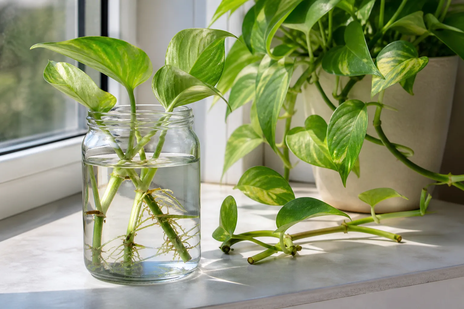 Pothos cuttings rooting in a glass jar beside a healthy parent plant