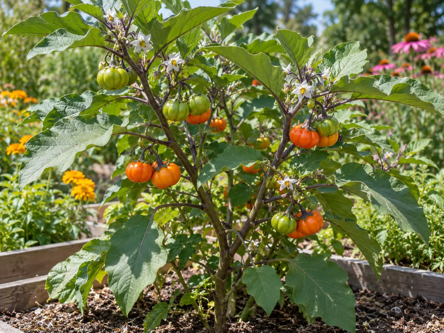 Pumpkin-on-a-stick eggplant with star-shaped flowers and green-to-orange ribbed fruits in a sunny garden bed