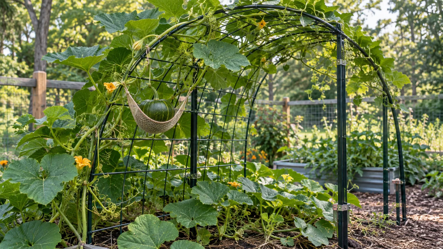 A small pumpkin supported in a sling on a sturdy garden trellis
