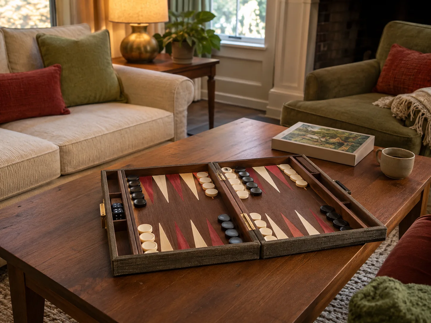 A chess set and puzzle box sit ready on a coffee table in a living room
