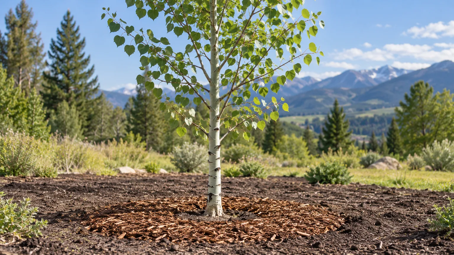 A newly planted aspen in a broad mulched bed with the trunk base visible above the soil.