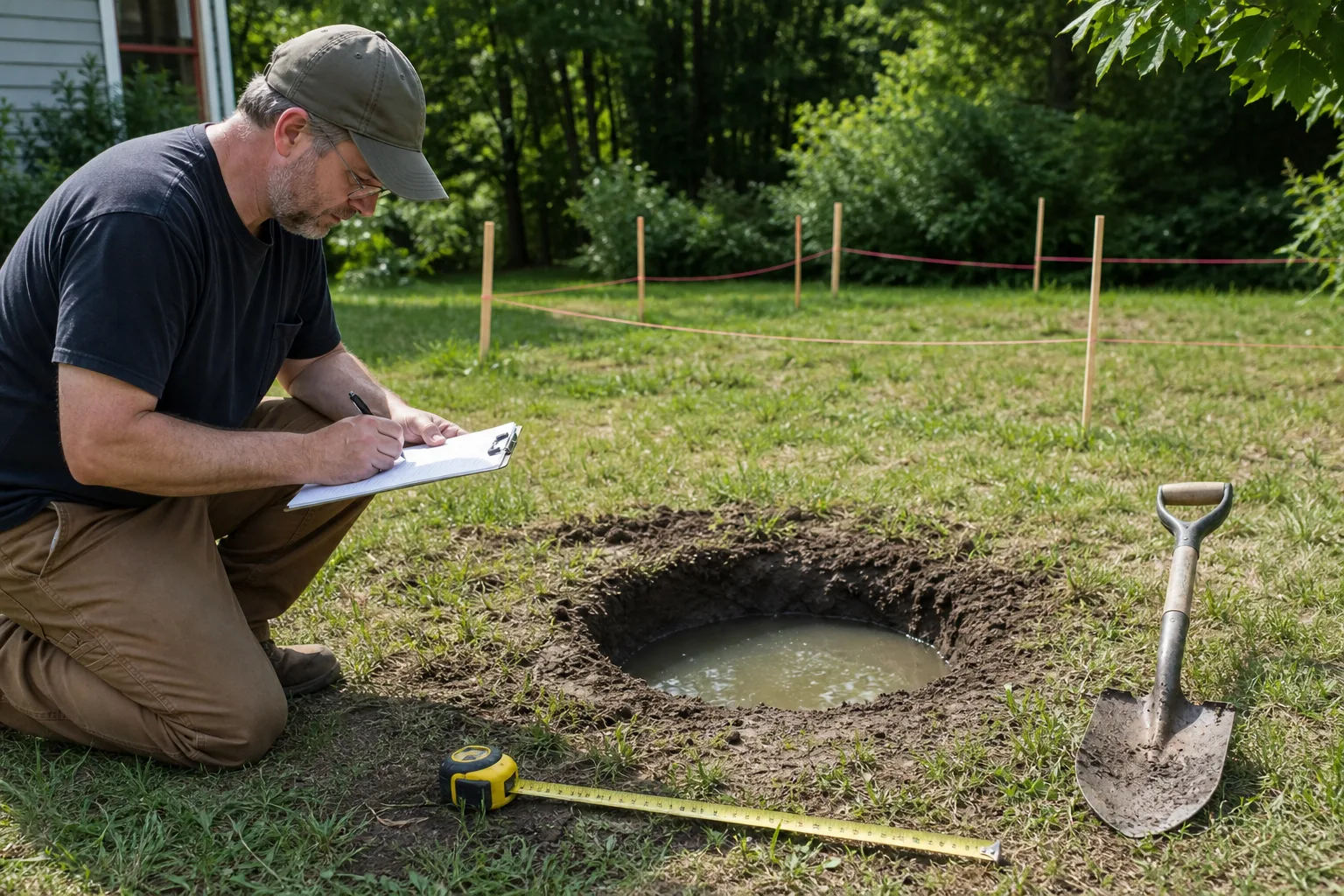A homeowner tests a shallow planting area before deciding whether it can absorb runoff
