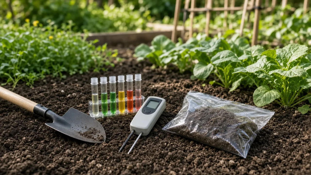 Soil-testing vials, a pH meter, and a soil sample beside a garden bed