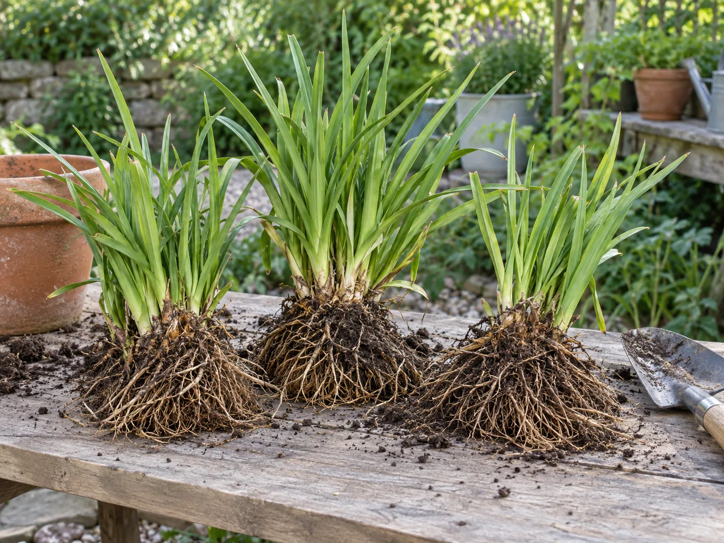 Three healthy red hot poker divisions with crowns and roots ready for replanting