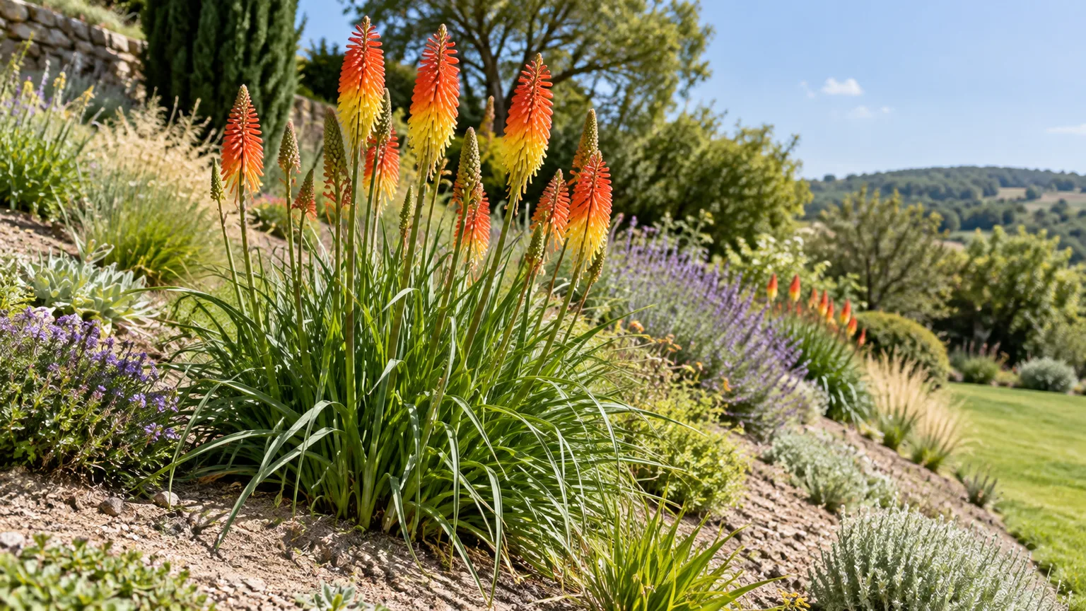 Red hot poker clumps flowering in a sunny, free-draining garden border