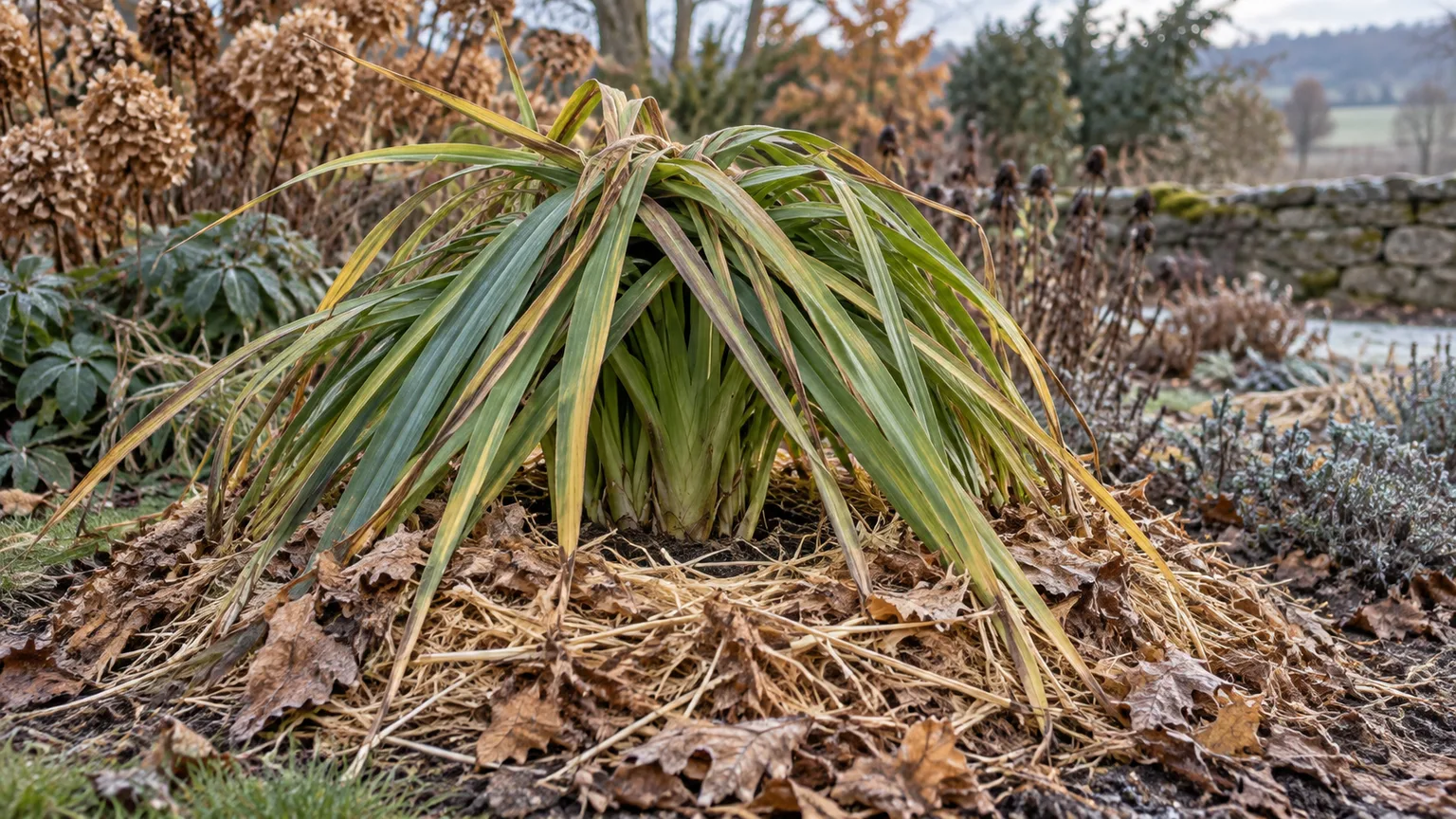 A red hot poker crown with foliage loosely gathered and dry mulch around the base for winter