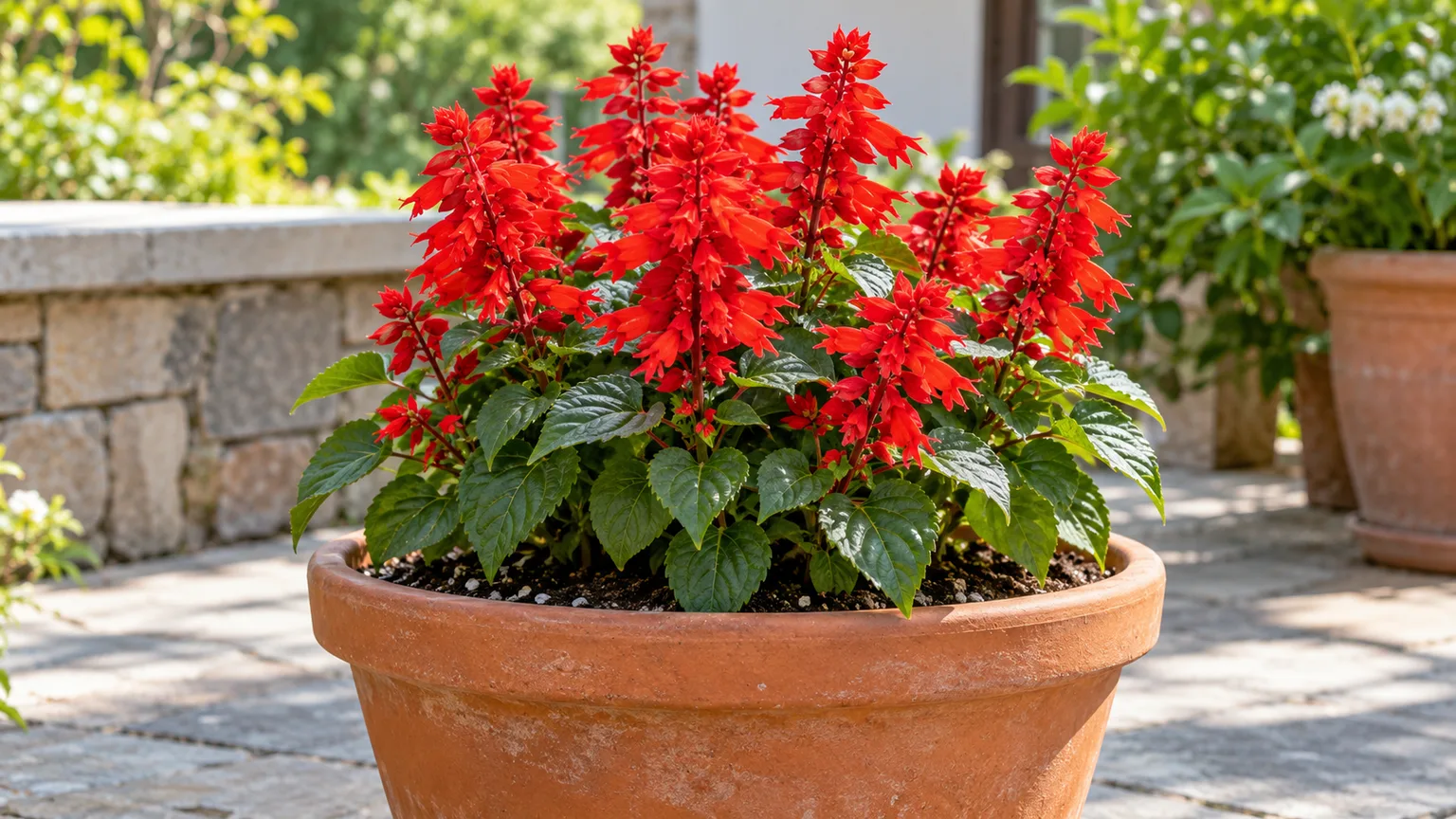 A healthy red salvia with dense scarlet spikes growing in a terracotta patio container