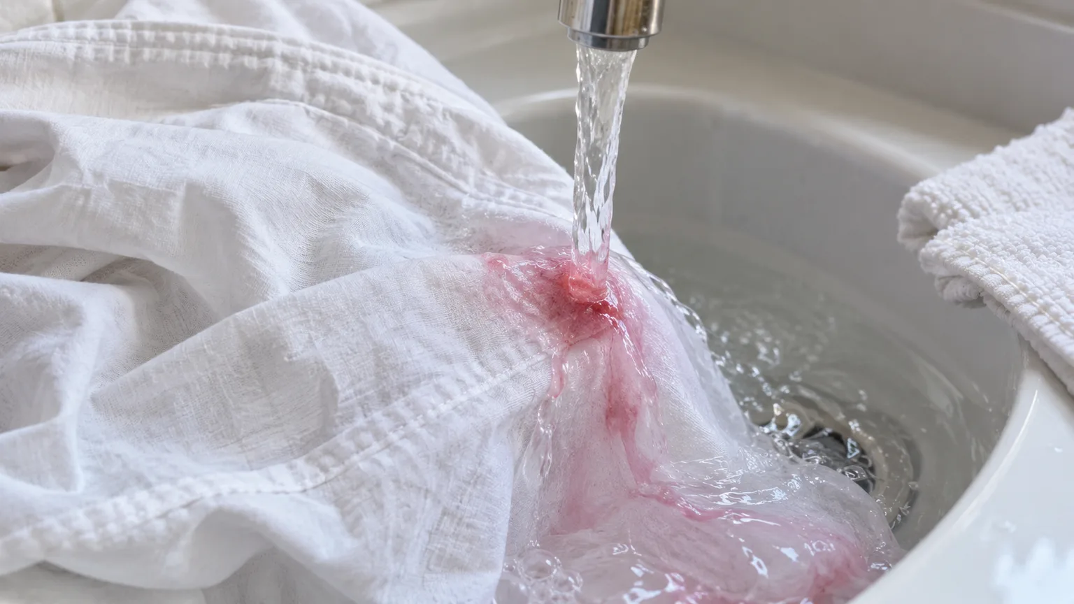 A fresh cherry stain rinsed from the reverse side of a white cotton shirt