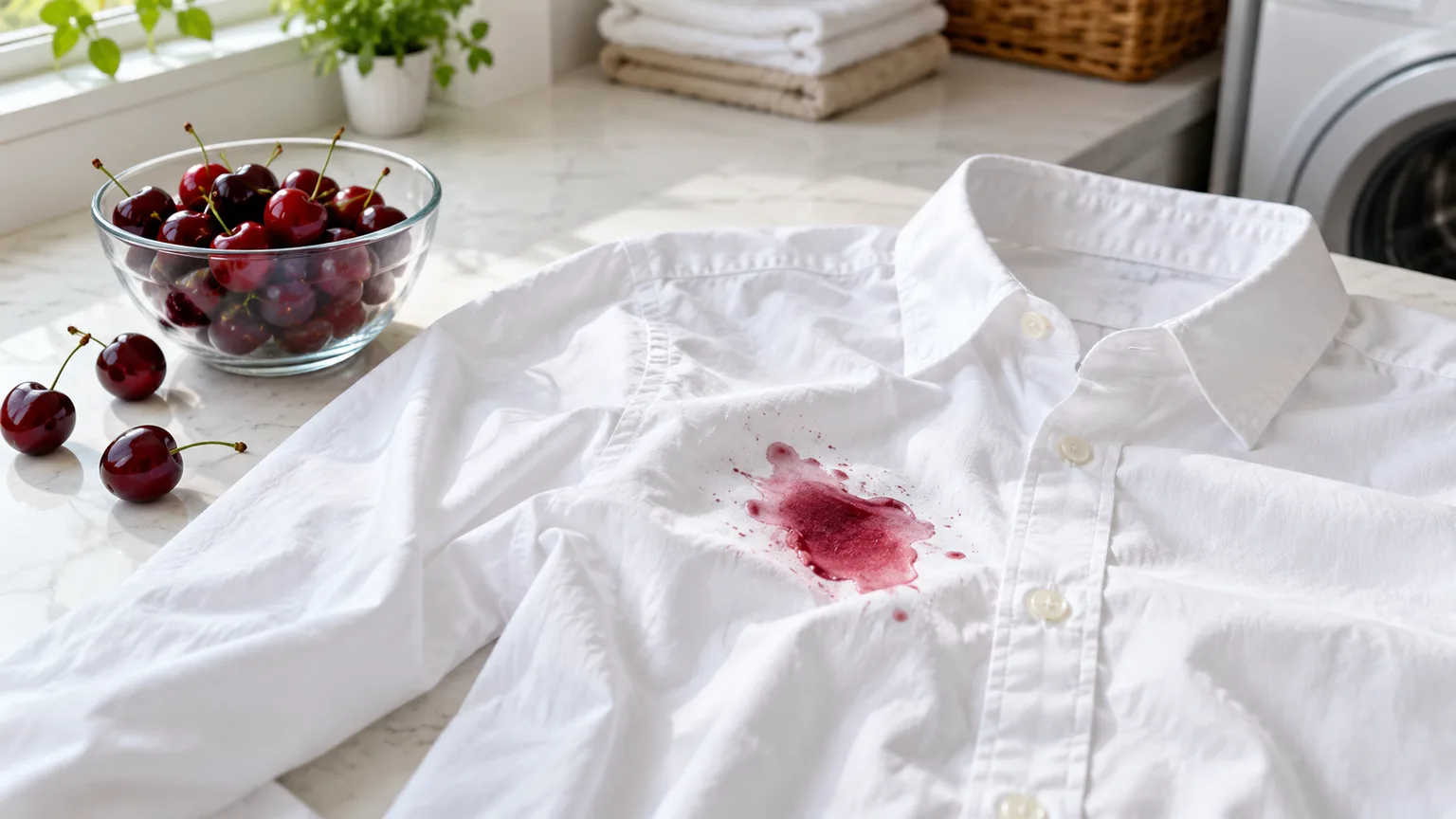 Red berry juice stain on a white shirt beside fresh cherries in a laundry area
