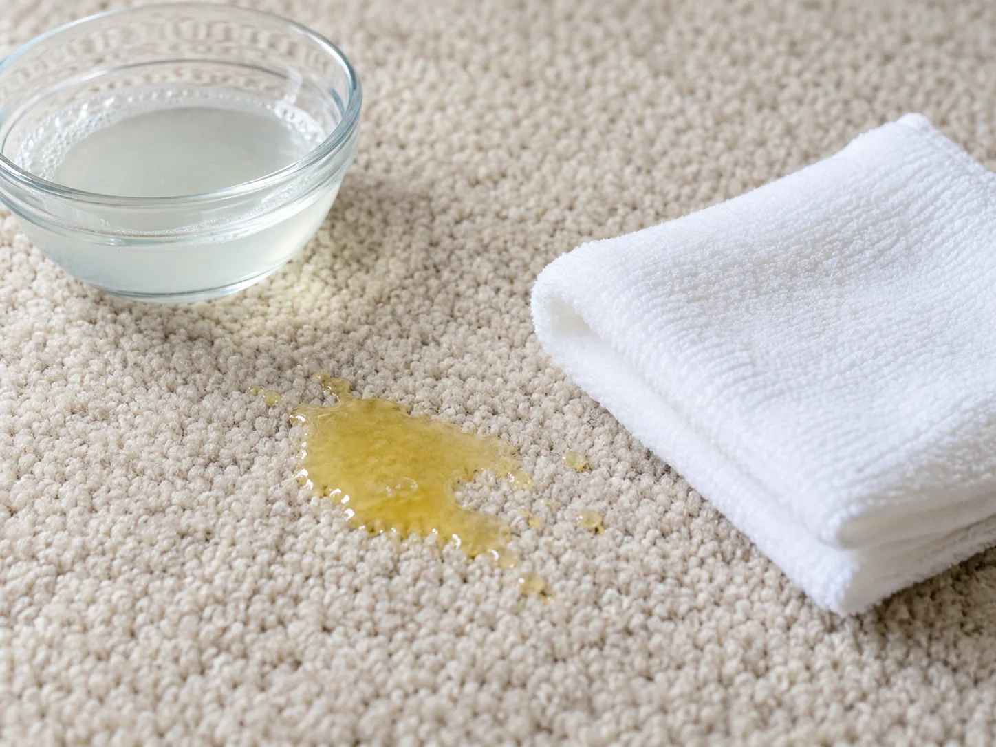 A small citrus spill on carpet beside a folded white cloth and a bowl of diluted cleaning solution.