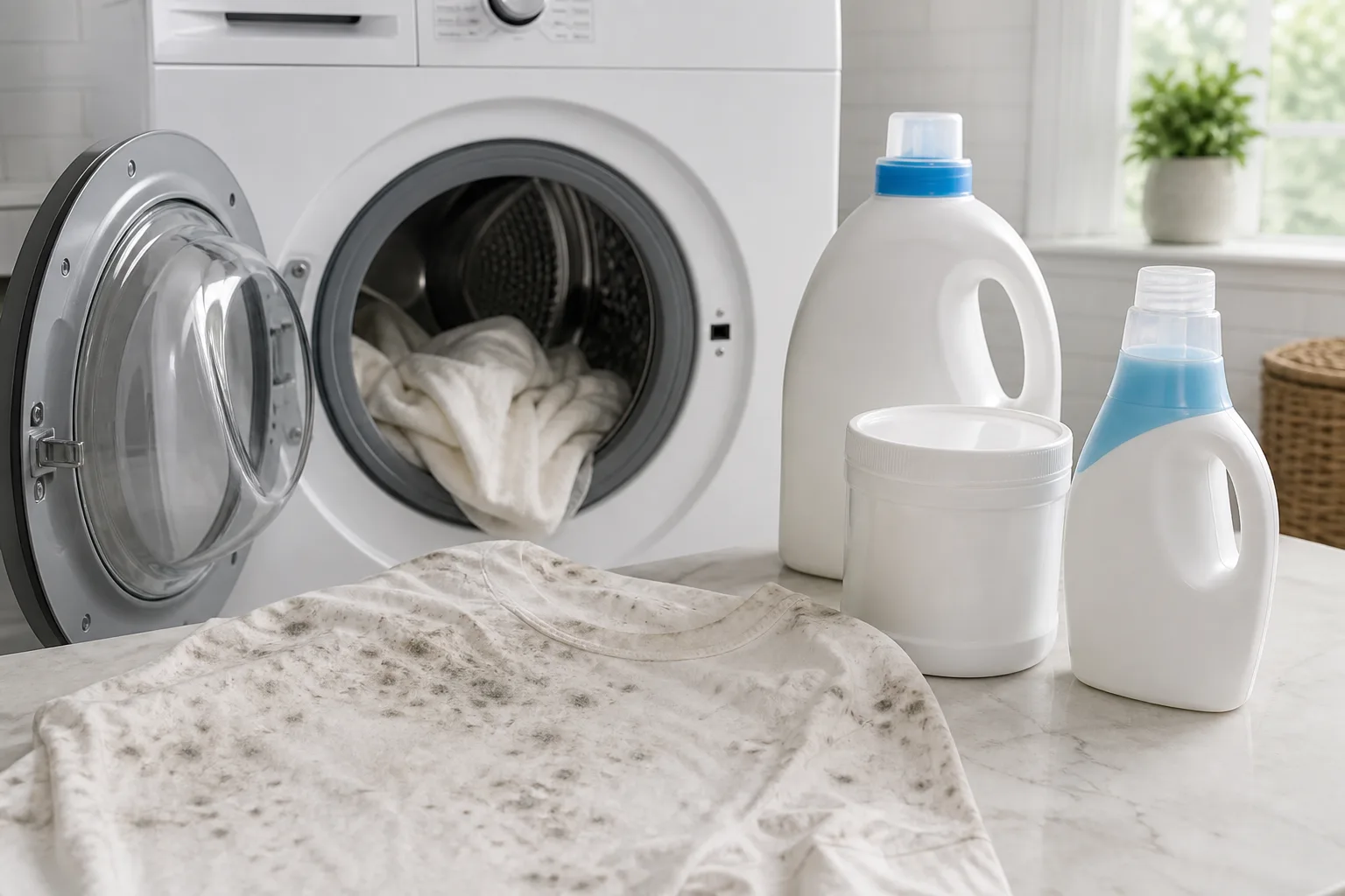 A mold-marked garment beside a front-load washer, illustrating why fabric care labels and one compatible treatment matter