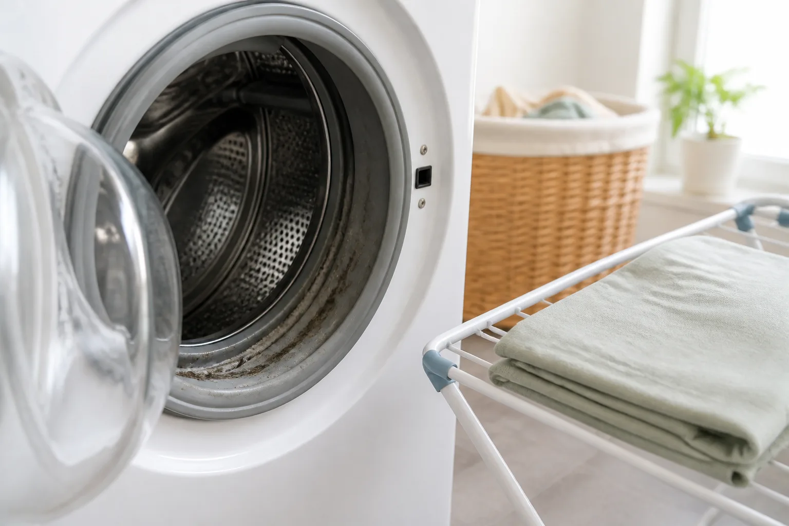 A washer door gasket beside laundry drying on a rack, illustrating two common sources of musty odors