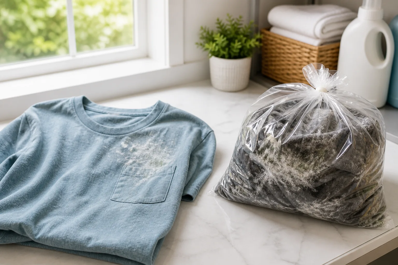 A garment with visible mold growth separated from clean clothes for inspection