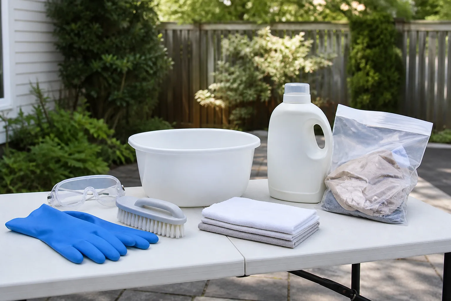 A prepared work surface with white cloths, a basin, gloves, and laundry supplies before treating a small fabric stain.