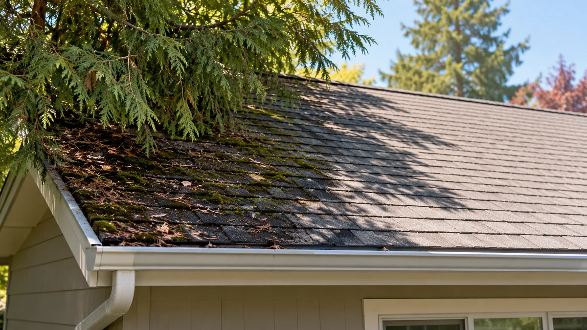 Leaves and branches shading a roof edge