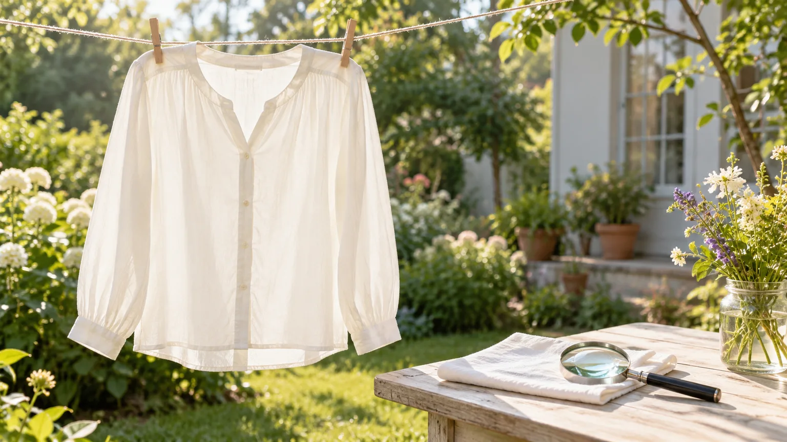 A clean blouse air-dries in soft sunlight while the fabric is checked for remaining discoloration.