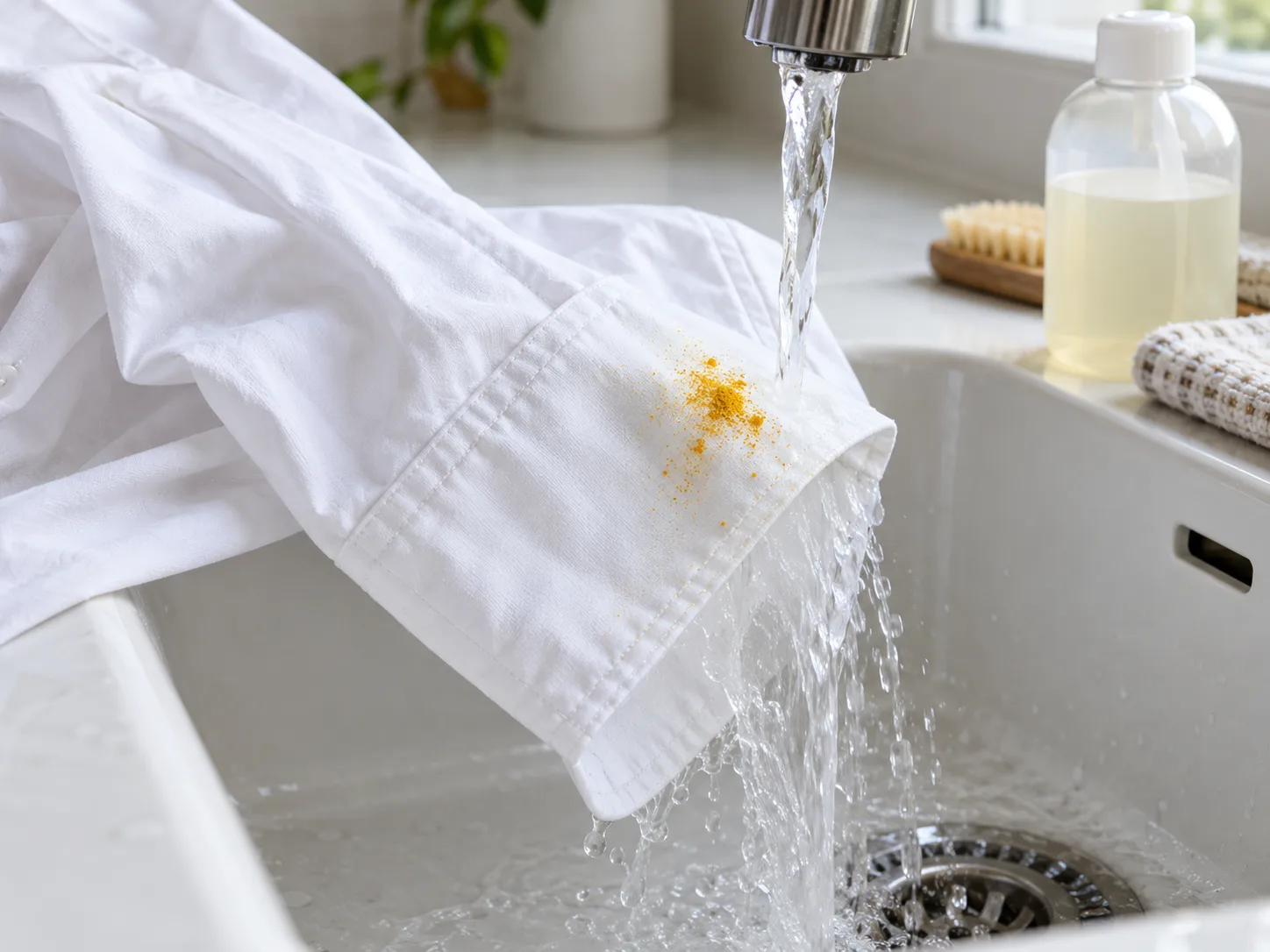 Yellow pollen on a white shirt being gently rinsed after loose grains are lifted