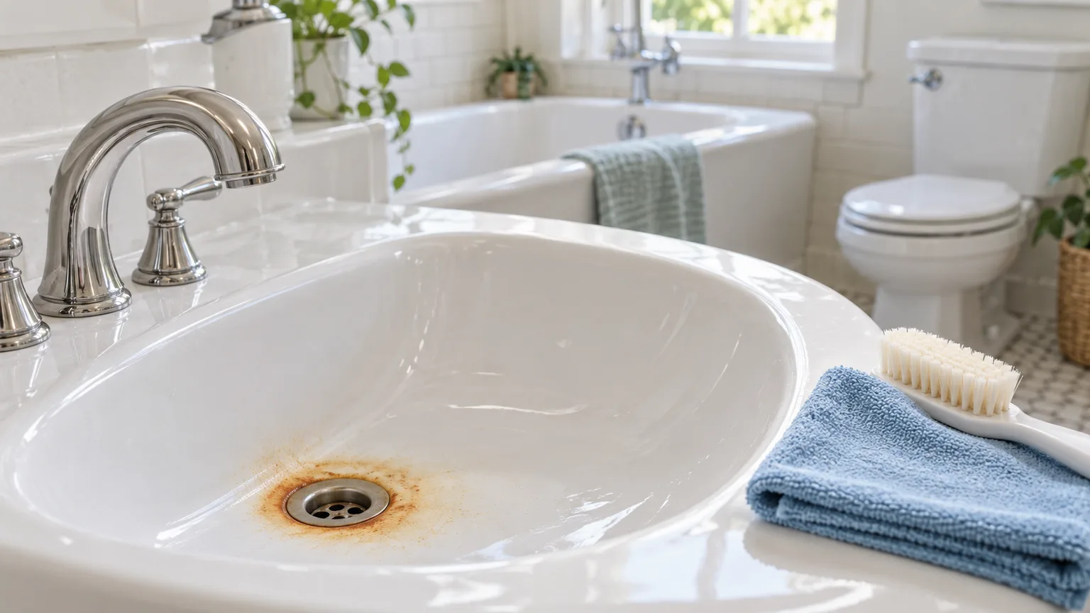 Orange rust around a white porcelain bathroom sink drain, with a soft brush and cloth nearby