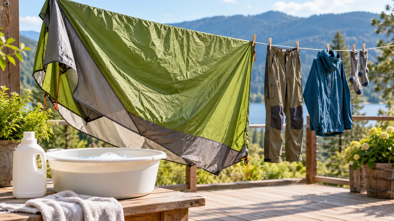 A tent rainfly and outdoor clothes air-drying after a wash