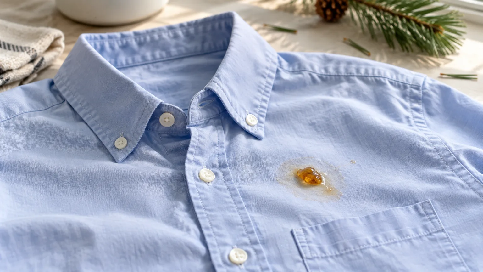 A glossy amber tree-sap blob on a light-blue cotton shirt before cleaning.