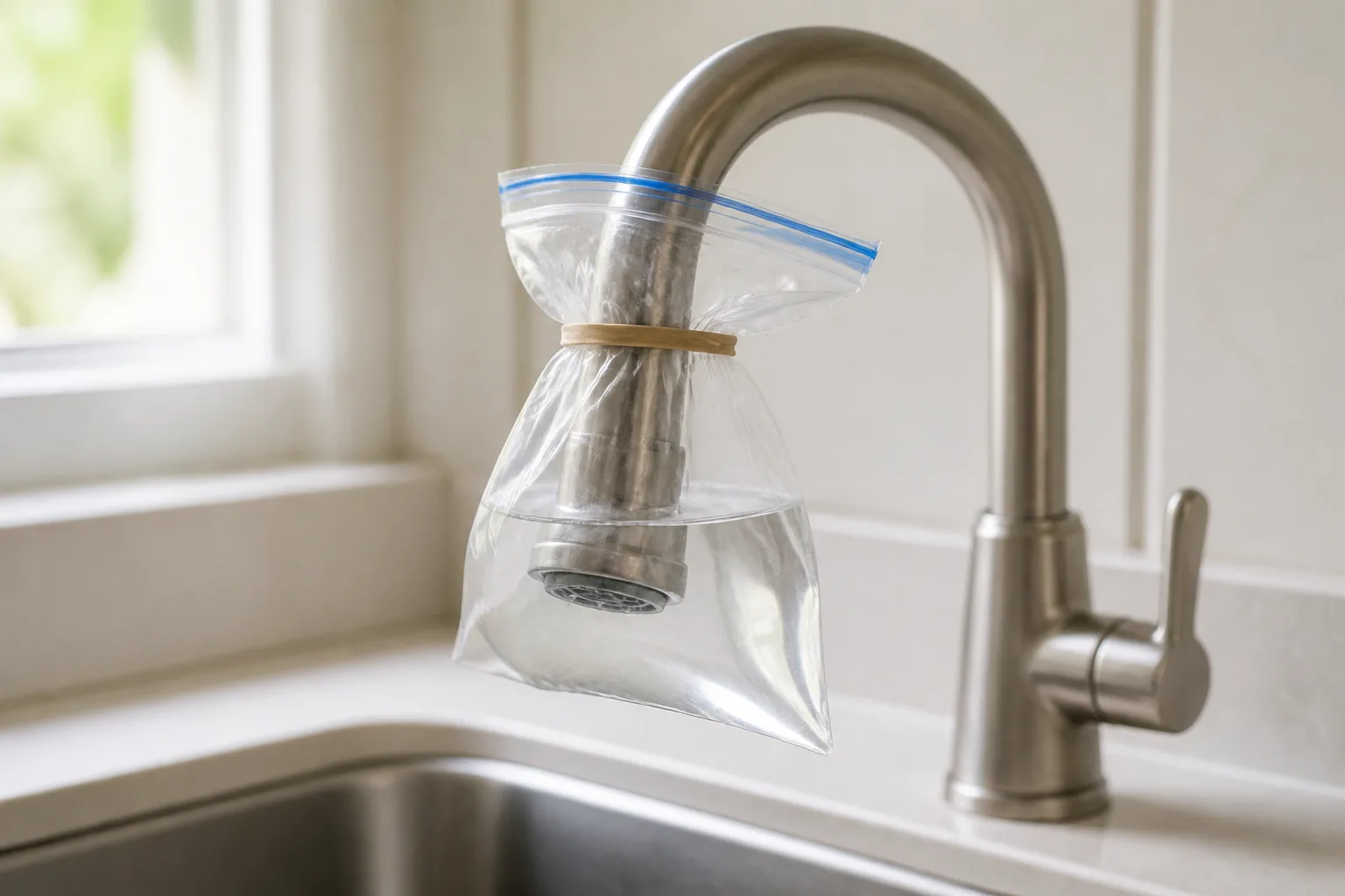 Kitchen faucet with a zip-top bag of white vinegar secured over the tip to soak the aerator in place