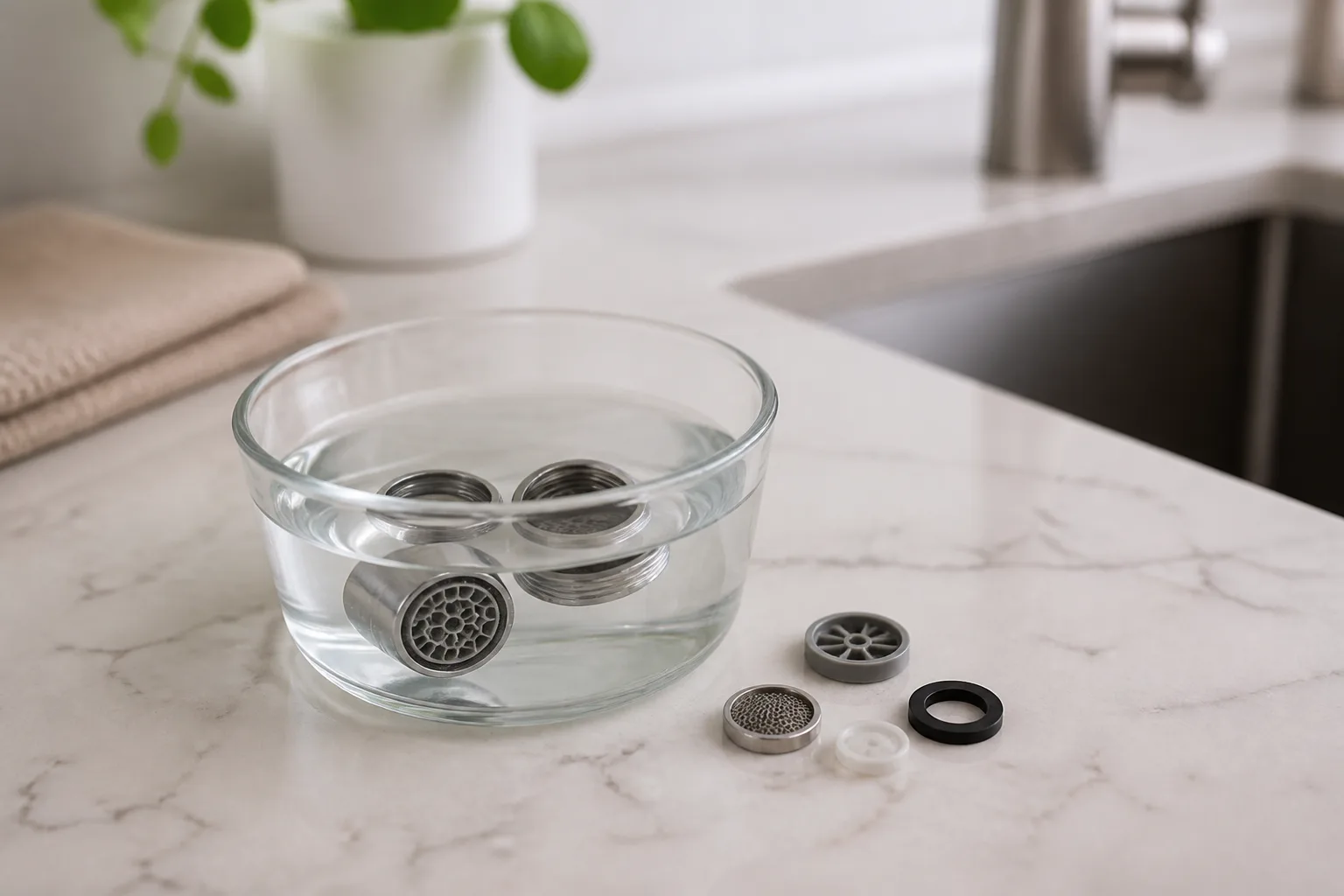 Disassembled faucet aerator mesh screen and housing pieces soaking in a bowl of white vinegar on a kitchen counter