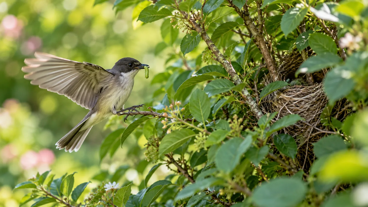 An adult songbird carrying food toward a nest partly hidden in a leafy shrub.