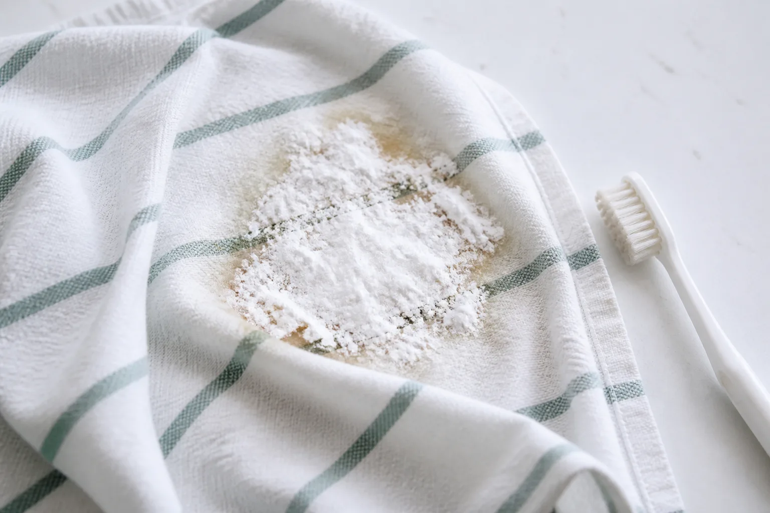 Baking soda sprinkled over a cooking oil stain on a cotton kitchen towel