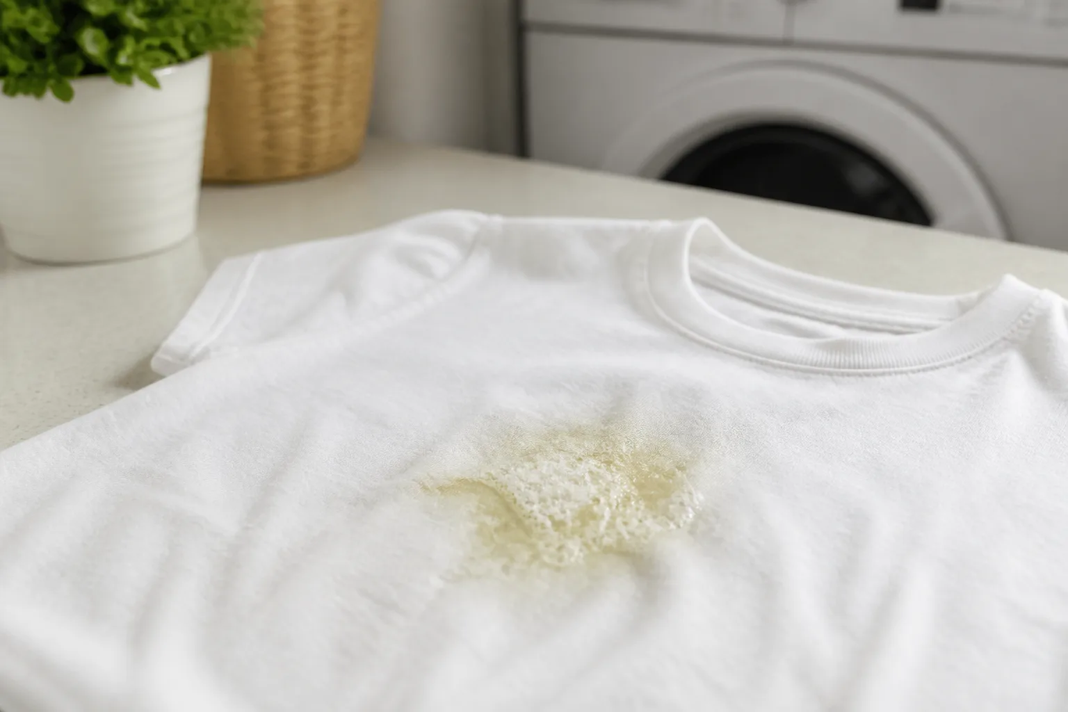 Clear dish soap applied to a grease stain on a white cotton shirt before washing