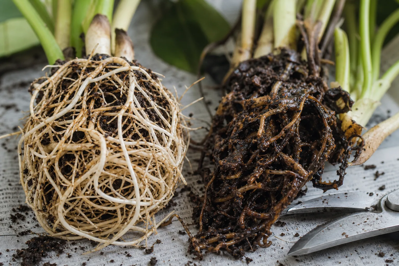 Healthy firm roots beside dark, waterlogged roots during an orchid repotting check