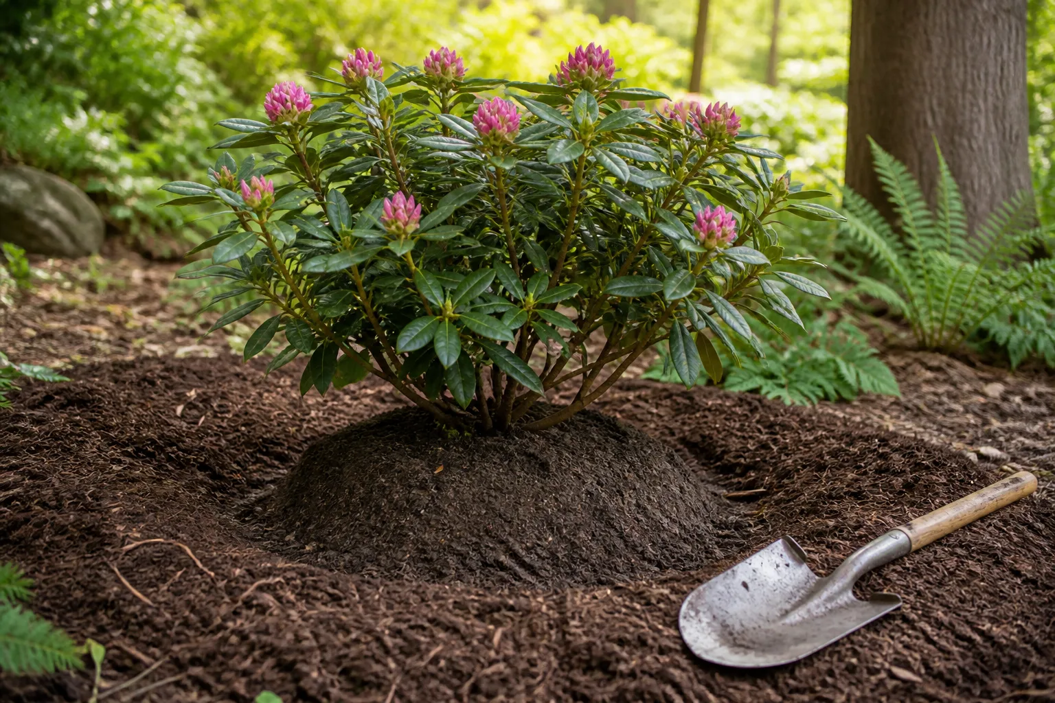 A young rhododendron set high in a mulched garden bed during planting