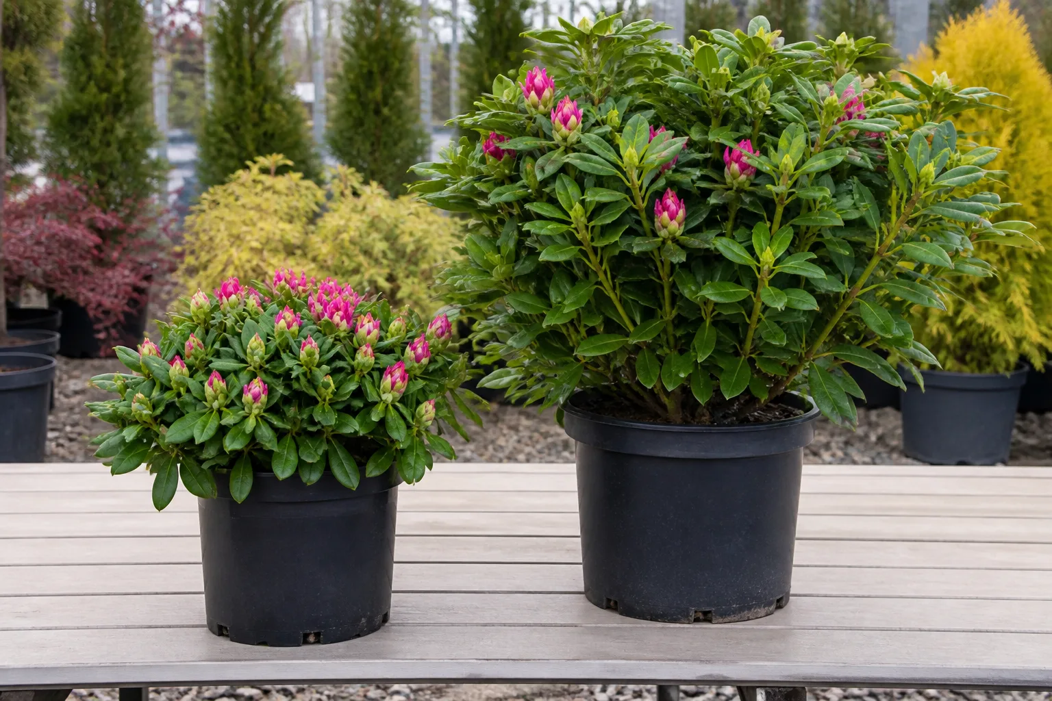 Compact and larger potted rhododendrons showing the range of shrub forms