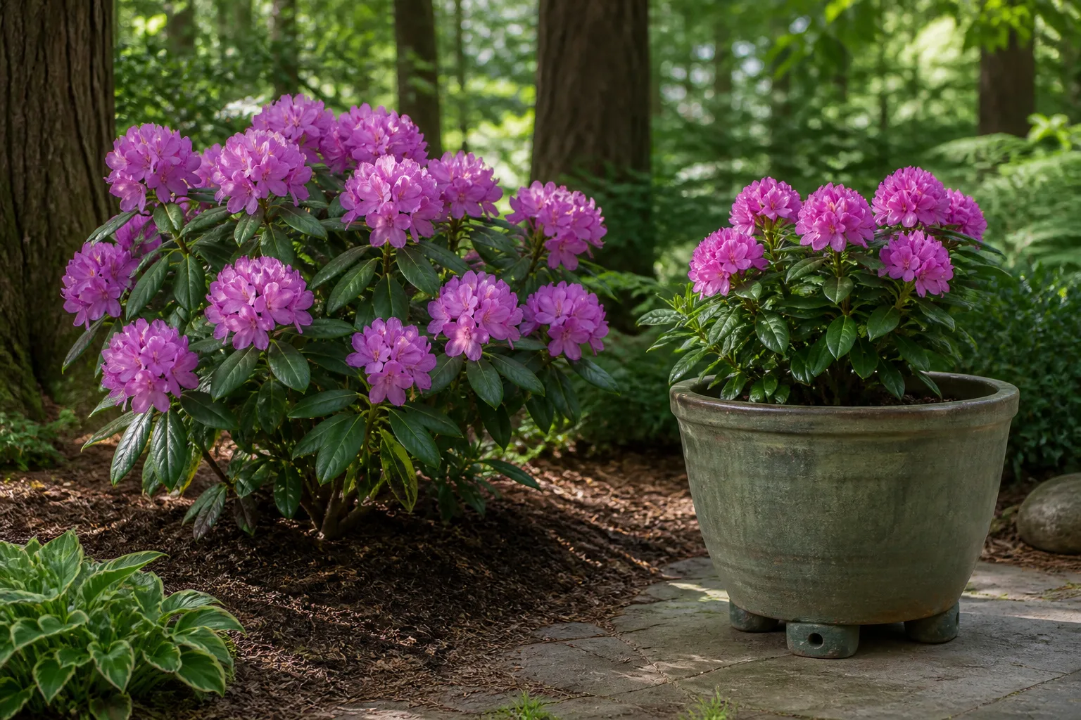 Flowering rhododendron growing in a shaded garden bed beside a container-grown plant