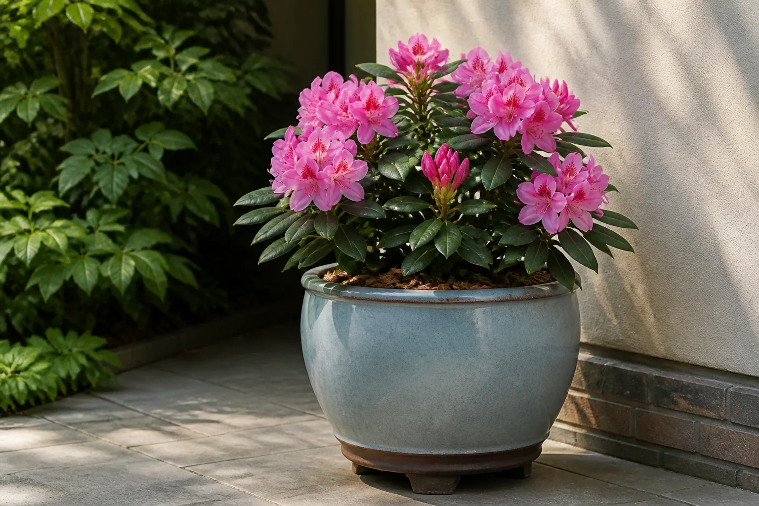 Pink flowering rhododendron growing in a large patio container