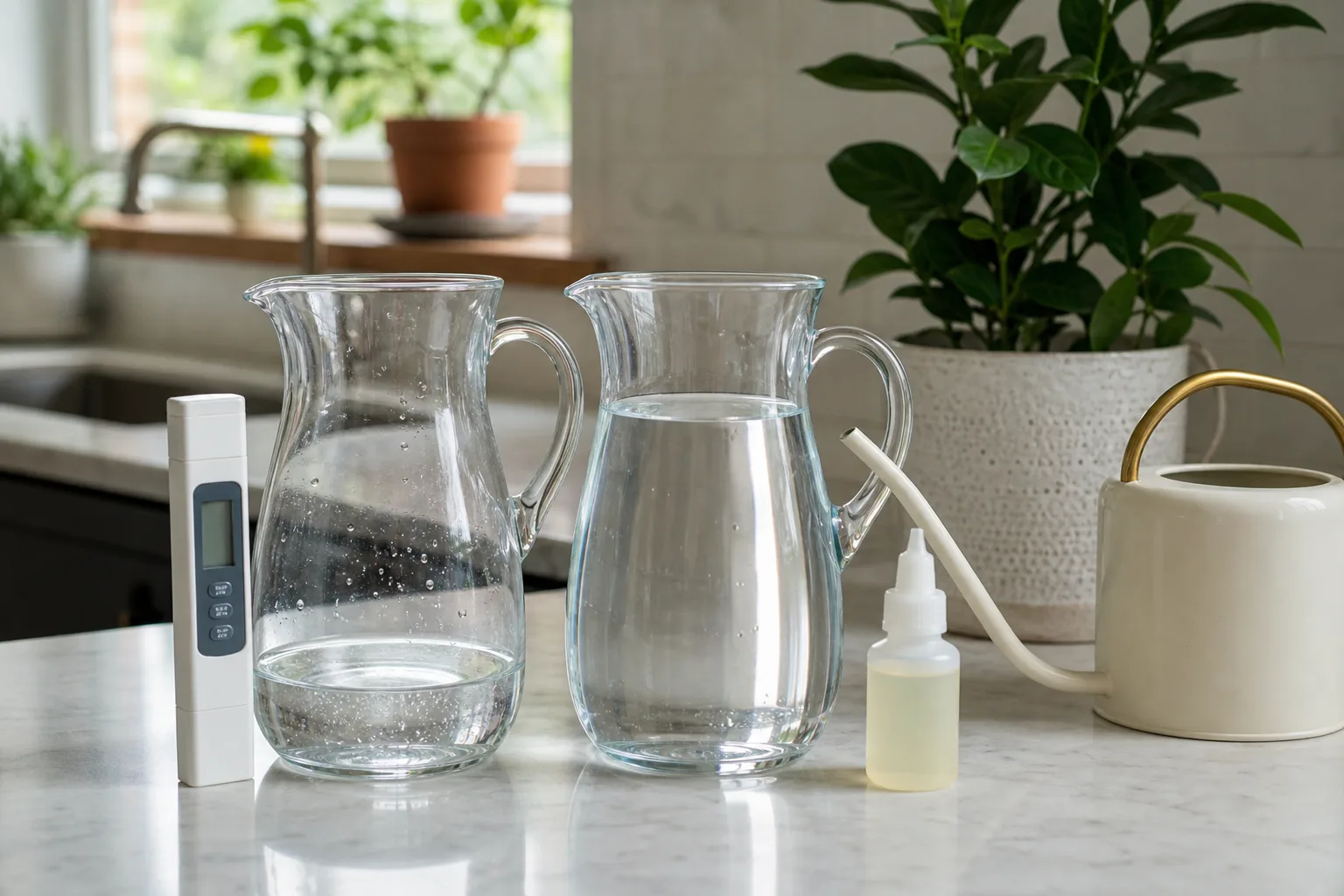 RO remineralization cartridge and mineral drops setup for houseplant watering