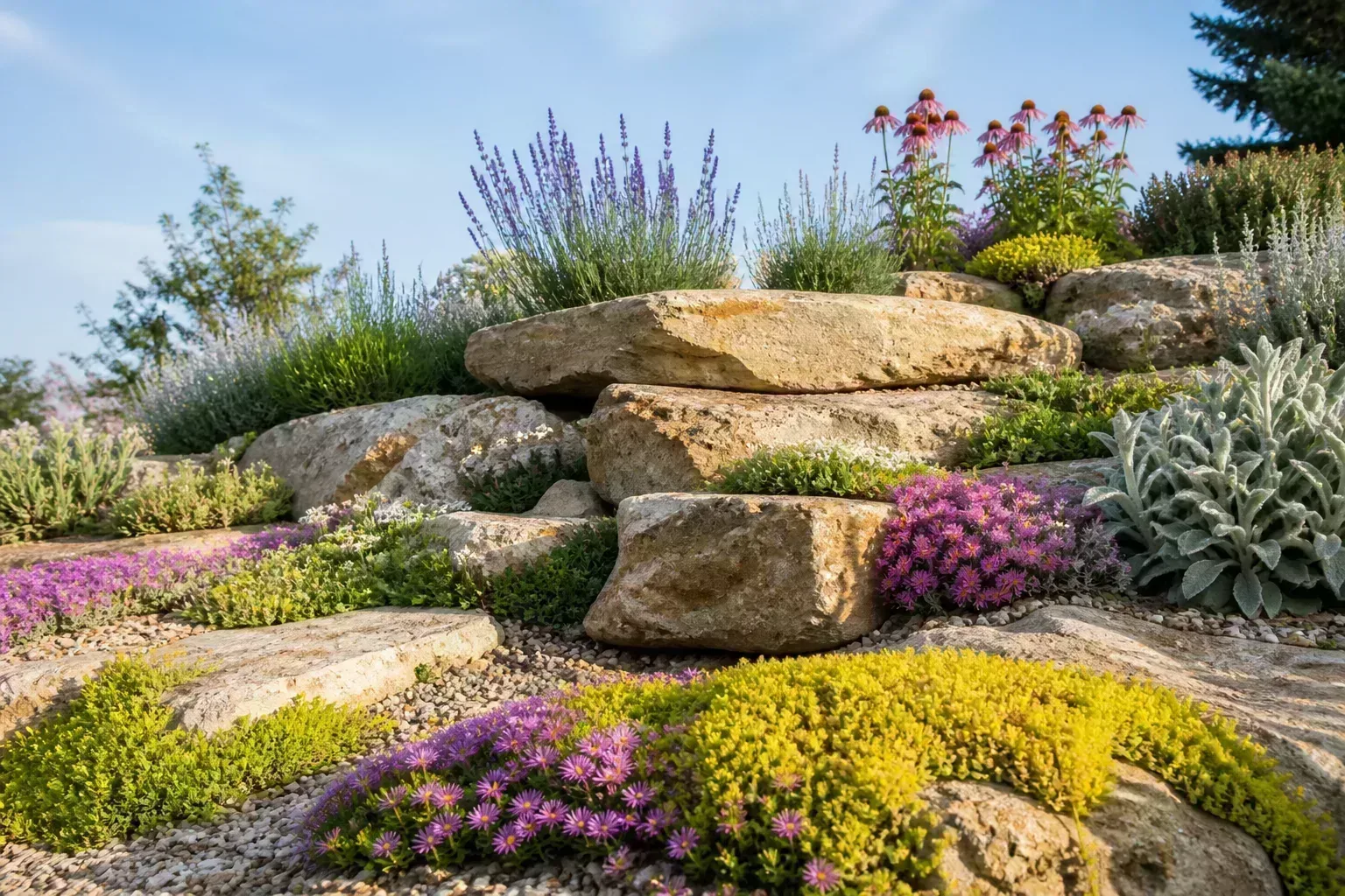 Alpine rock garden with succulents tucked between boulders