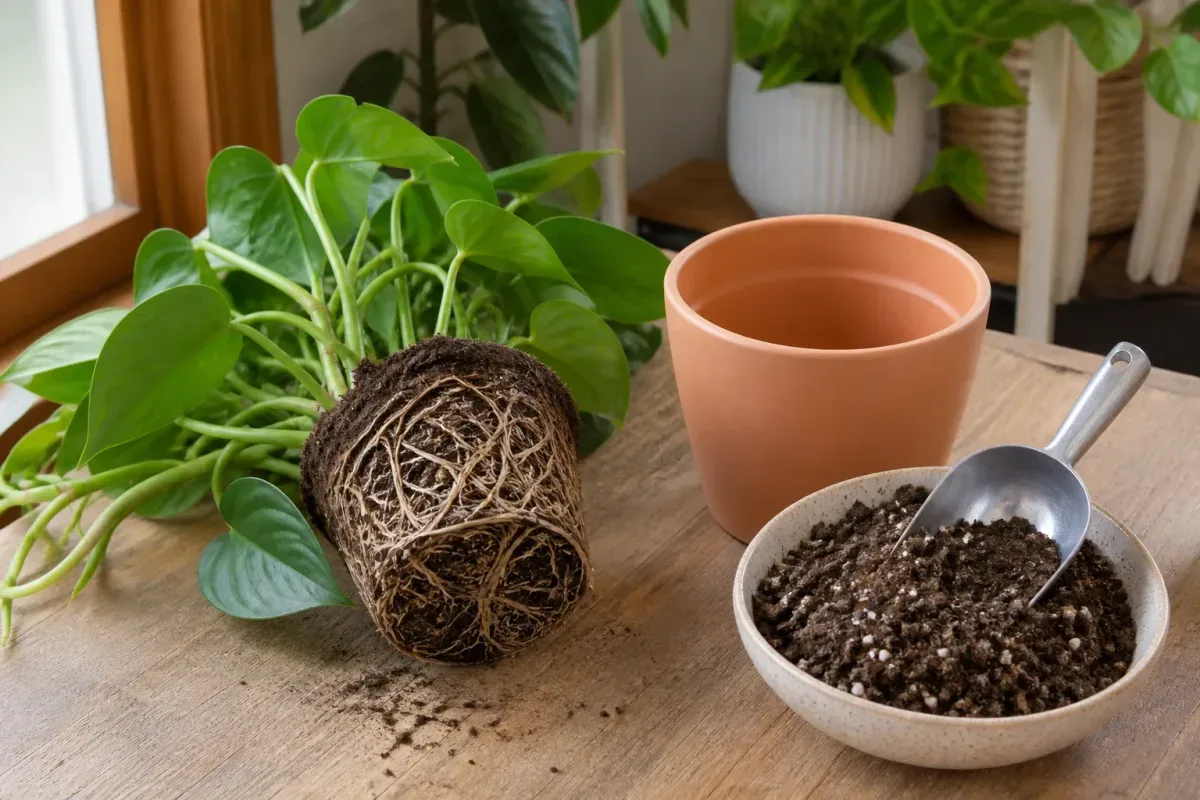 Houseplant after mix refresh and modest pot check — preventing severe root bound