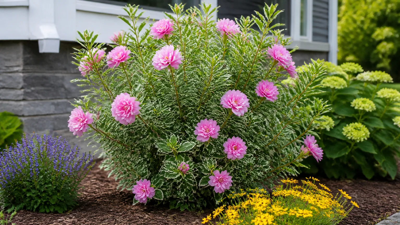Rose of Sharon with pink flowers in a mixed foundation border