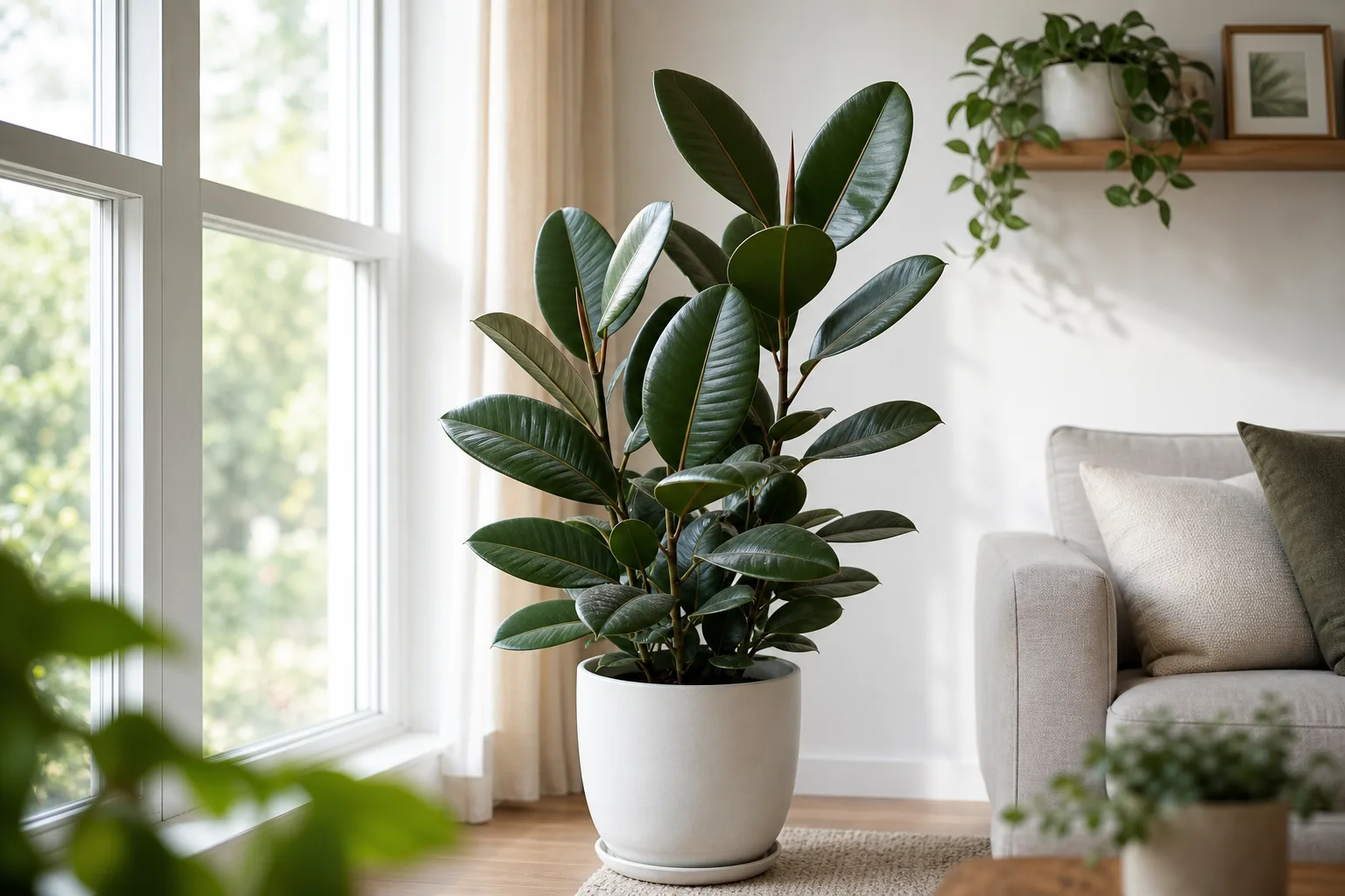 Healthy rubber plant with glossy leaves in bright filtered window light
