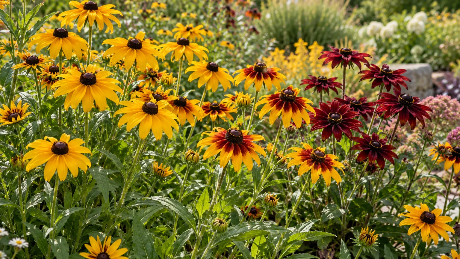 Sunny Rudbeckia border with yellow, bronze, and burgundy daisy-like flowers