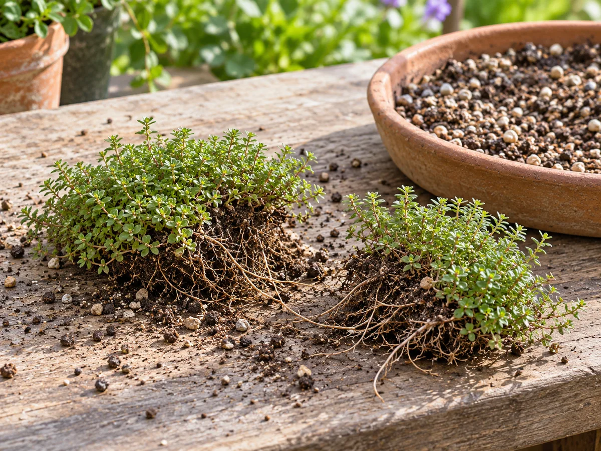 A rupturewort mat separated into two rooted divisions beside a pot of gritty mix
