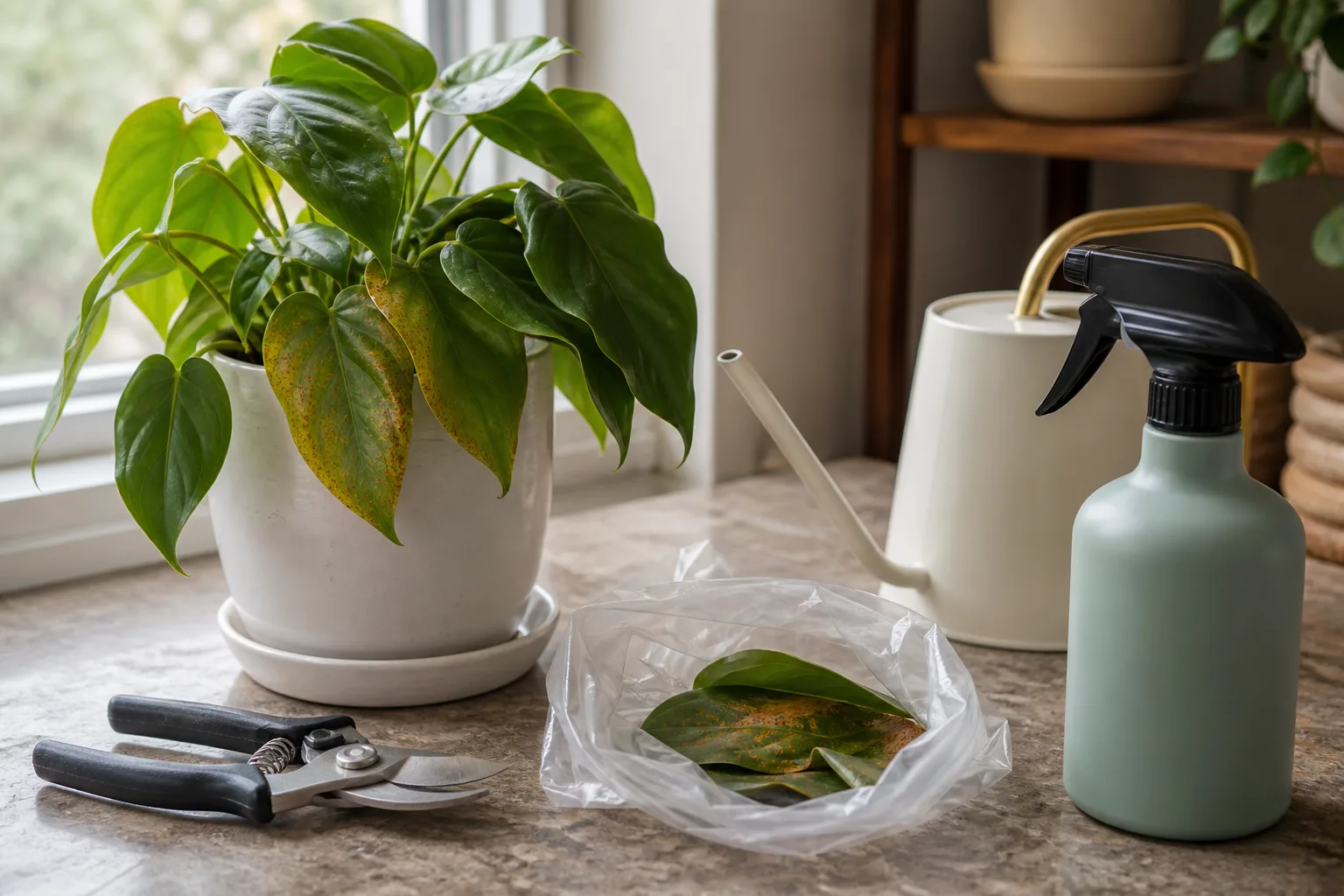 Carefully bagging a few rust-affected leaves beside a potted plant
