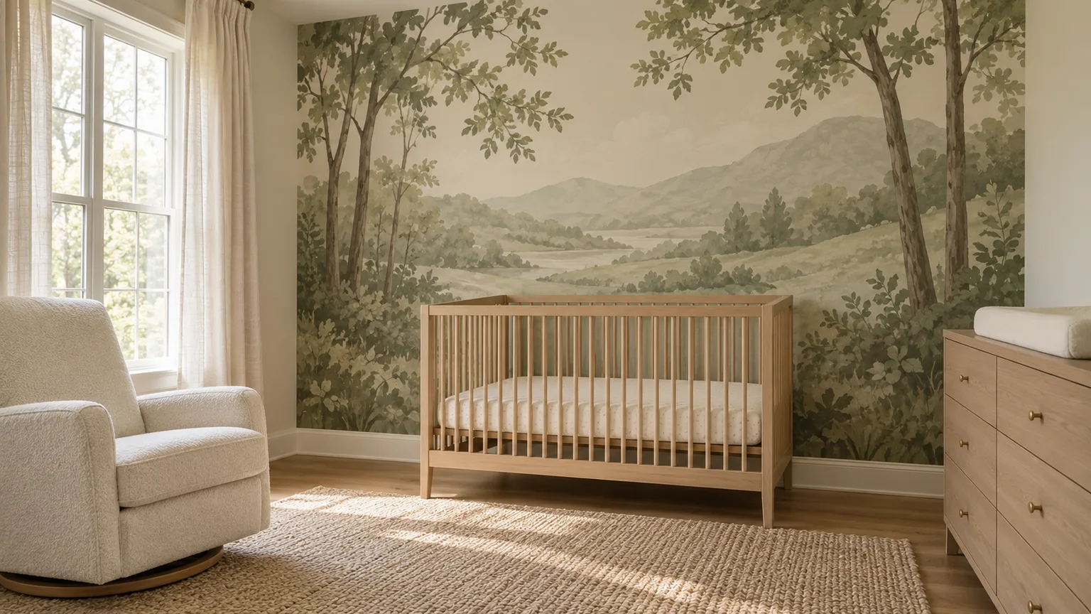 A muted sage woodland mural creates a patterned nursery wall behind a clear crib