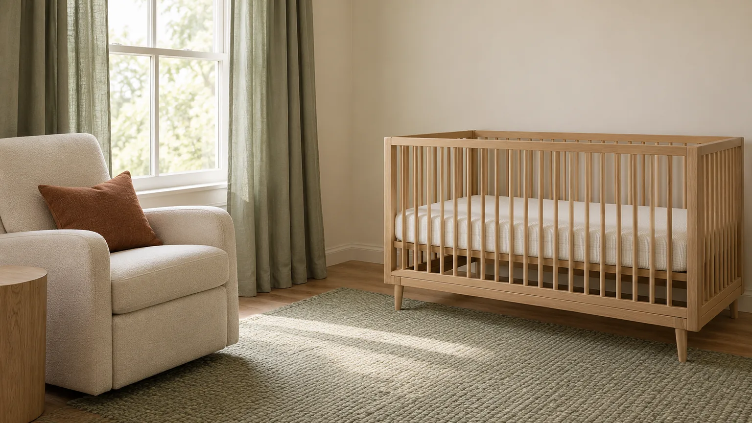 Sage curtains and a textured rug balance warm neutrals in a nursery with an empty, fitted-sheet-only crib