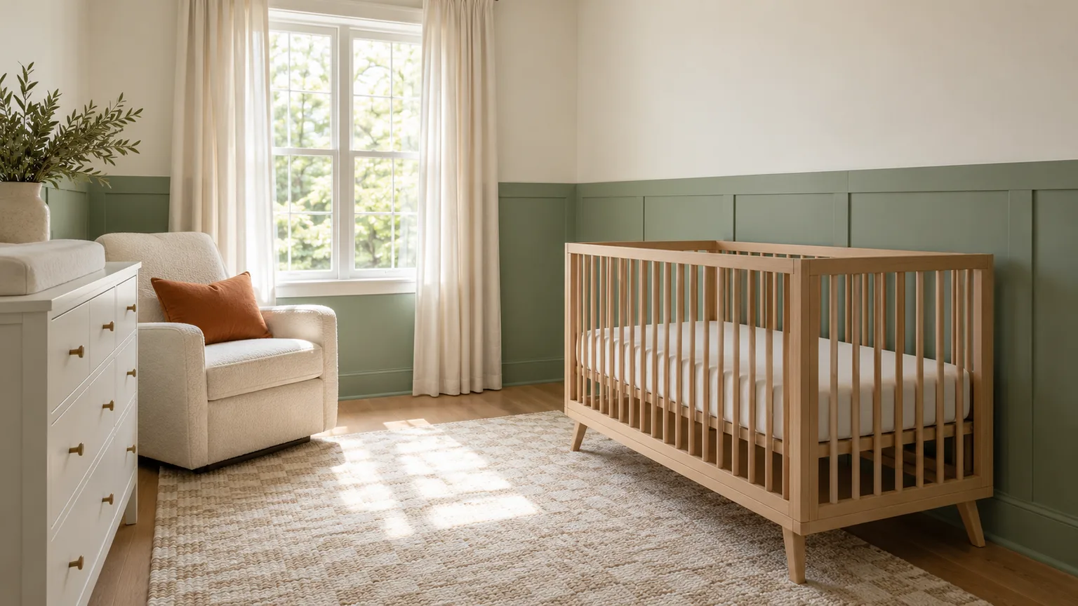 Sage green nursery with lower wall wainscoting, warm white upper walls, and a clear crib