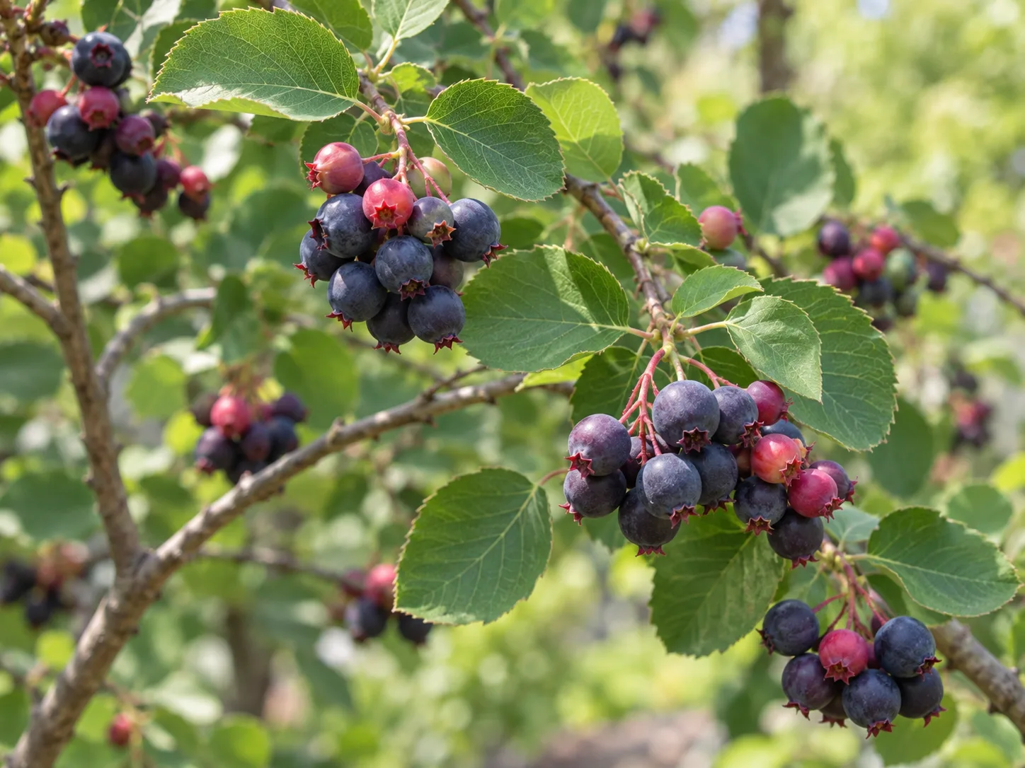 Serviceberry tree with ripe berries in a garden setting